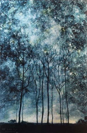 "Trees V", Leo Plaw, 20 x 30cm, oil on leaf metal and wood