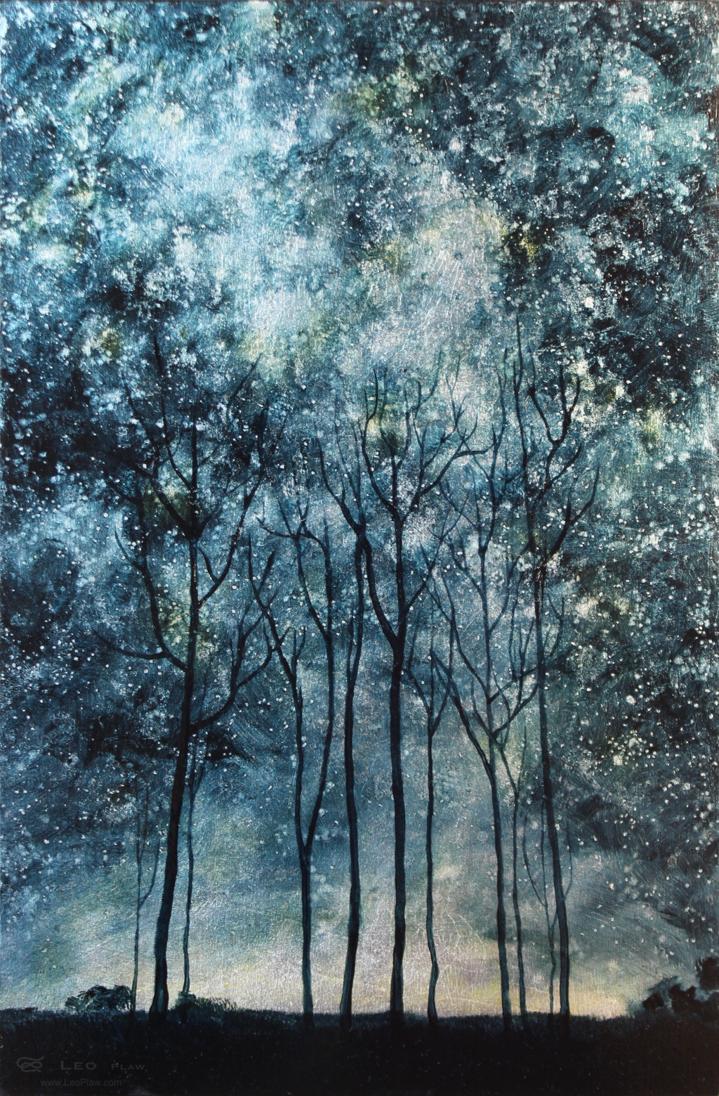 "Trees V", Leo Plaw, 20 x 30cm, oil on leaf metal and wood
