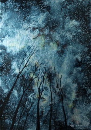 "Trees VII", 21 x 30cm, oil on leaf metal and wood