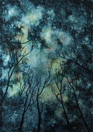 "Trees VIII", Leo Plaw, 21 x 30cm, oil on leaf metal and wood