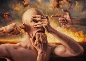 "Hear See Speak Think No Evil", Leo Plaw, 70 x 50cm, oil on canvas