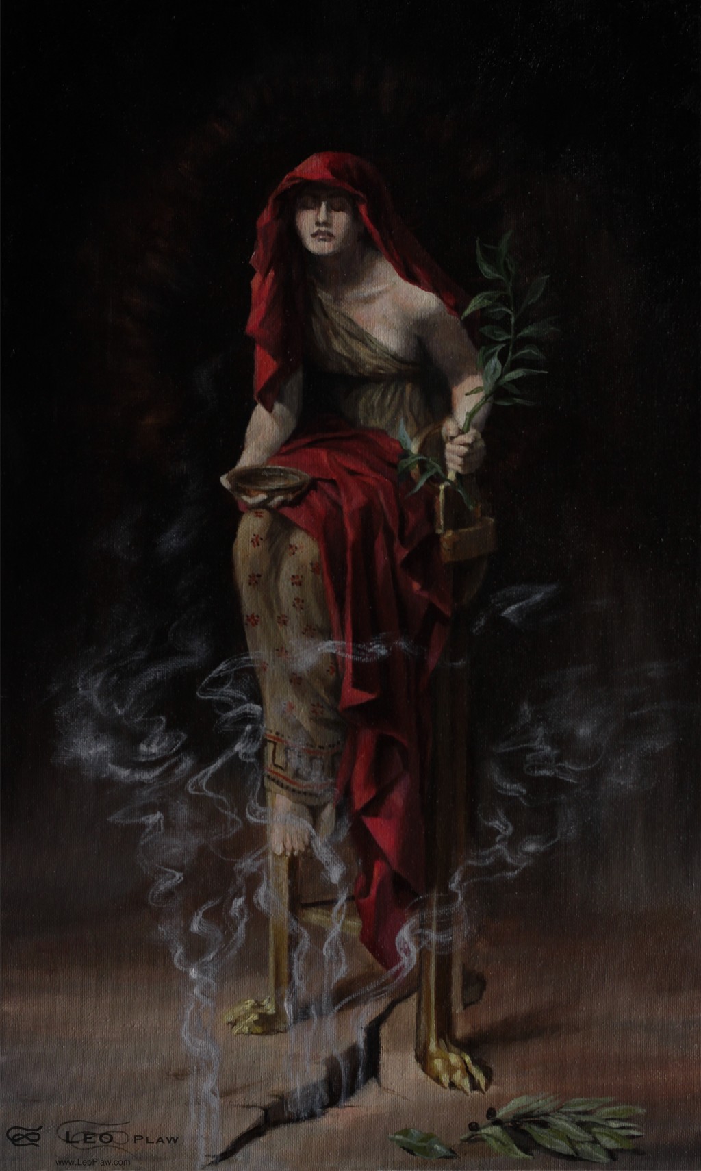 "Oracle of Delphi", Leo Plaw, 30 x 50cm, oil on canvas study of John Collier's "Priestess of Delphi"